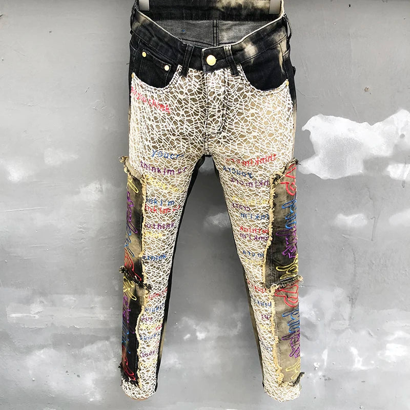 Abstract Embroidery Splicing Patchwork Jeans