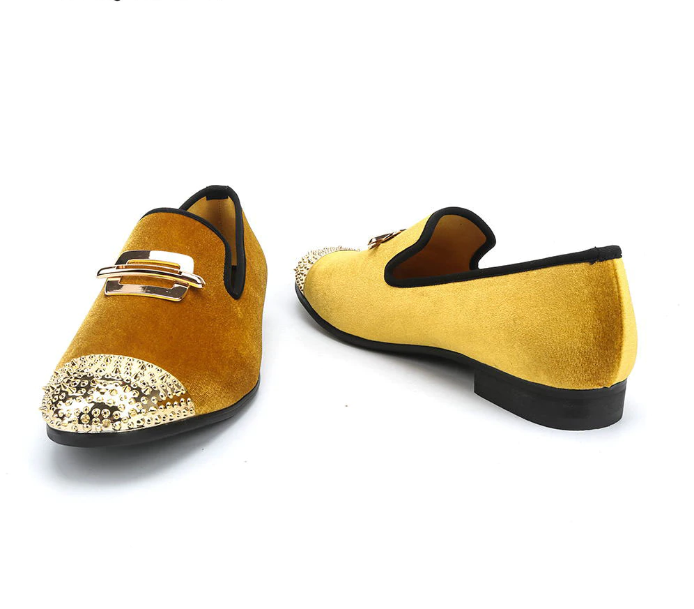 Yellow Gold Velvet with Rivets Toe Men Loafers Shoes