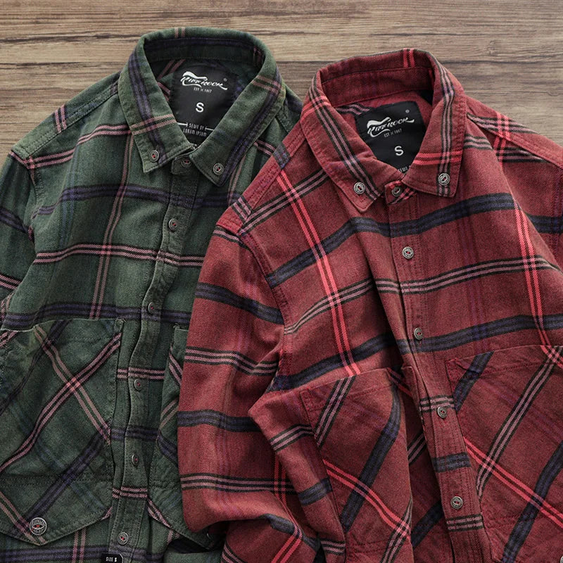 Retro Long-Sleeve Cargo Plaid Shirt