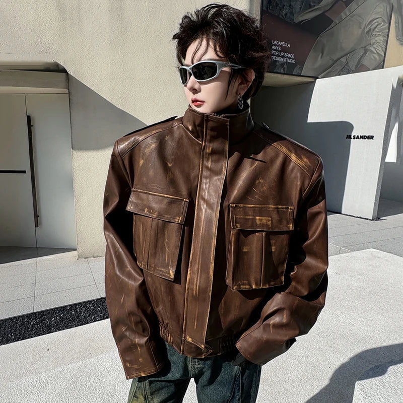 Solid 3D Multi Pocket PU Leather Jacket