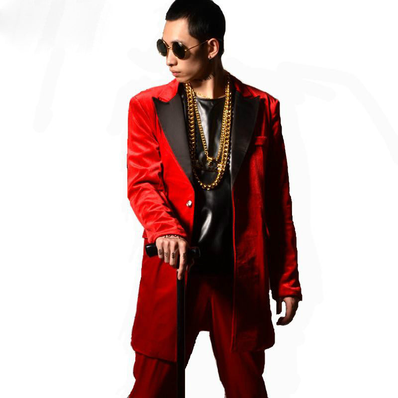 Red Velvet White Lapel Men Long Blazer with Pants Optional For Stage Performance