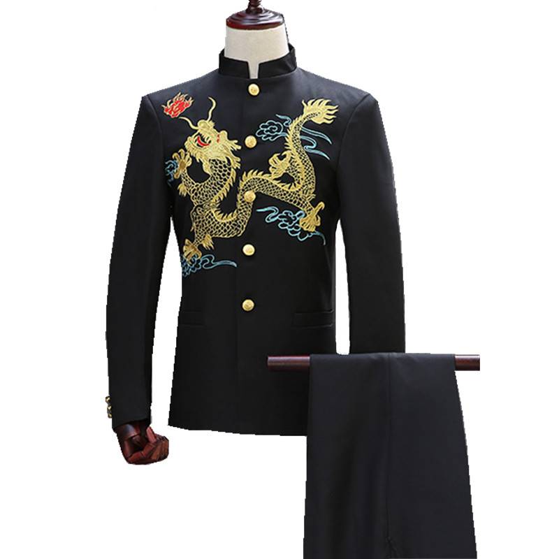 Men Chinese Style with Dragon Embroidery Set Men Blazer and Pants