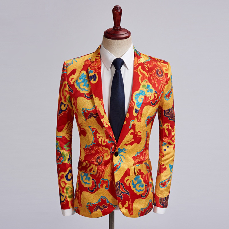 Chinese Red Gold Dragon Casual Design Men Stage Blazer - FanFreakz