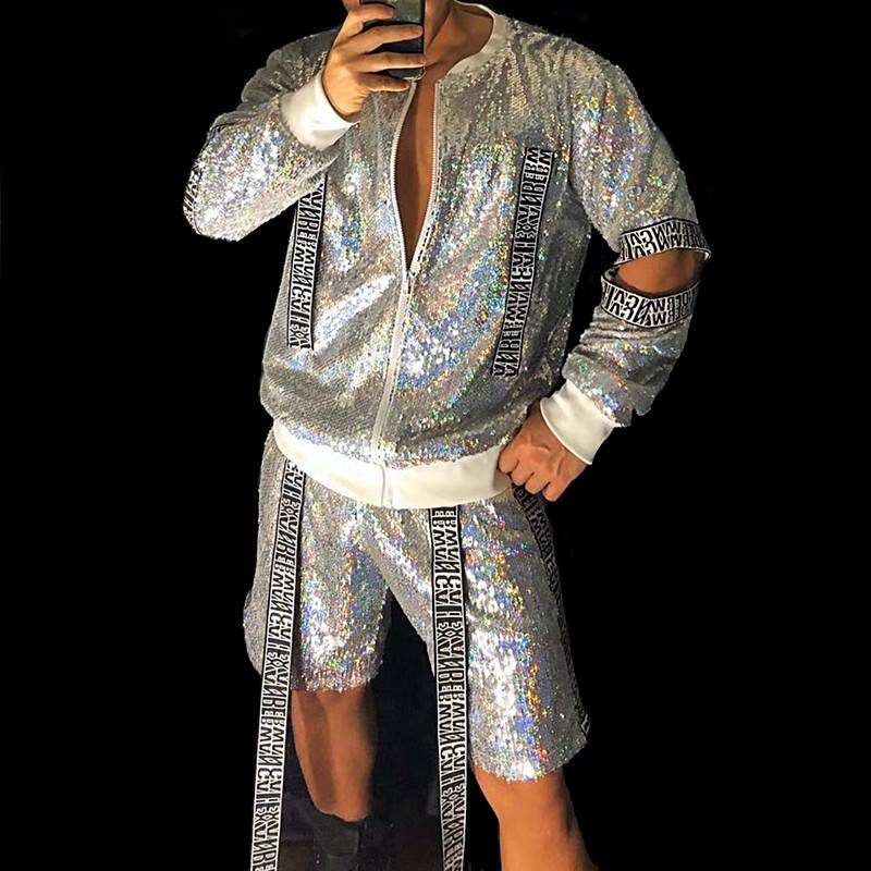 Hologram Sequin Cut-Out Sleeve Jacket Short Set