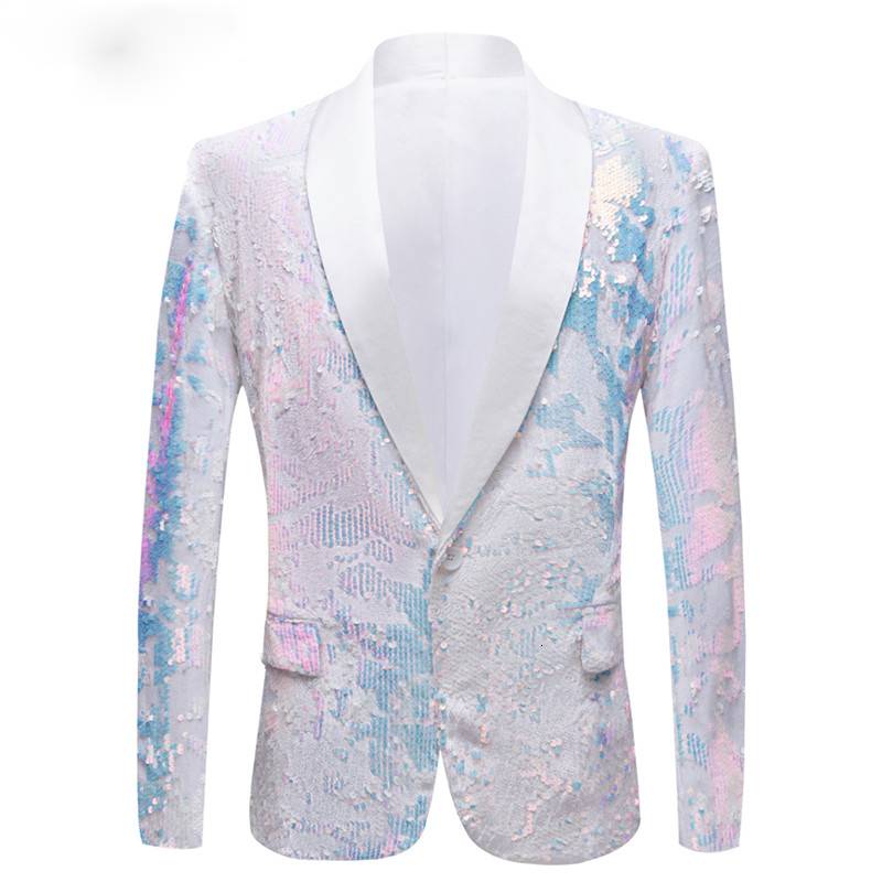 White Fantasy Sequins Prom Costume Slim Fit Style Men Blazer