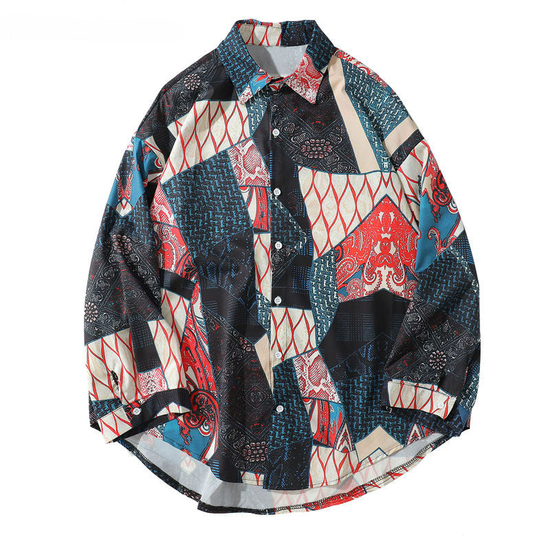 Japanese Ukiyo E Geometry Pattern Casual Streetwear Men Shirt