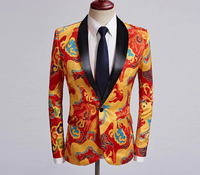 Chinese Red Gold Dragon Casual Design Men Stage Blazer - FanFreakz