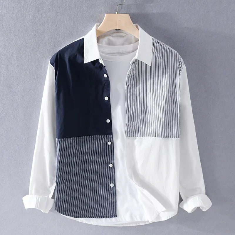 Blue White Stripes Patchwork Shirt