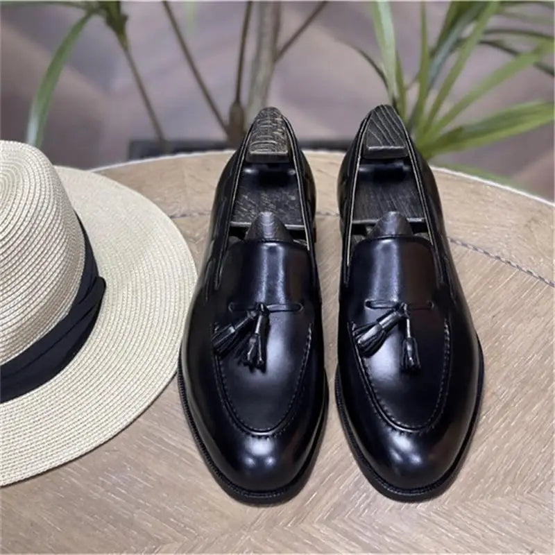 Solid Shiny Genuine Leather with Tassels Loafers