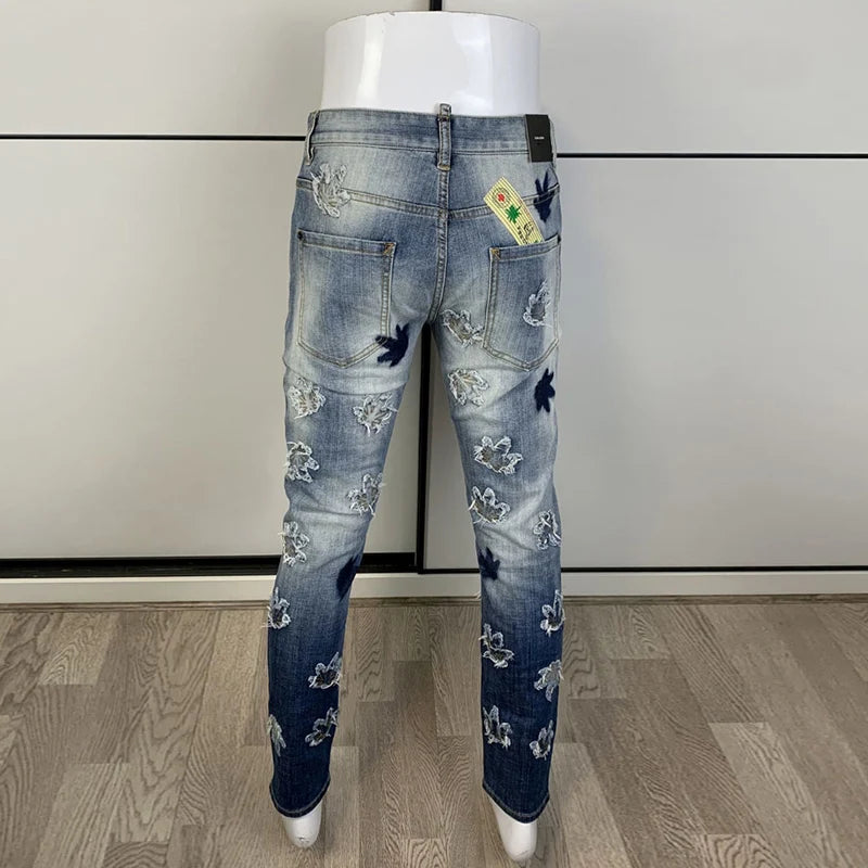 Retro Patchwork Ripped Washed Blue Jeans