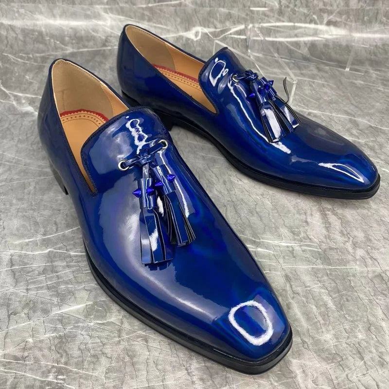 Blue Shiny with Tassels Leather Shoes