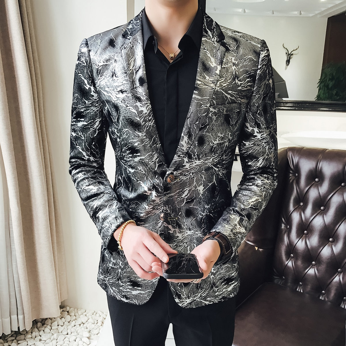 Silver Flashlight Print Single Breasted Casual Style Men Blazer