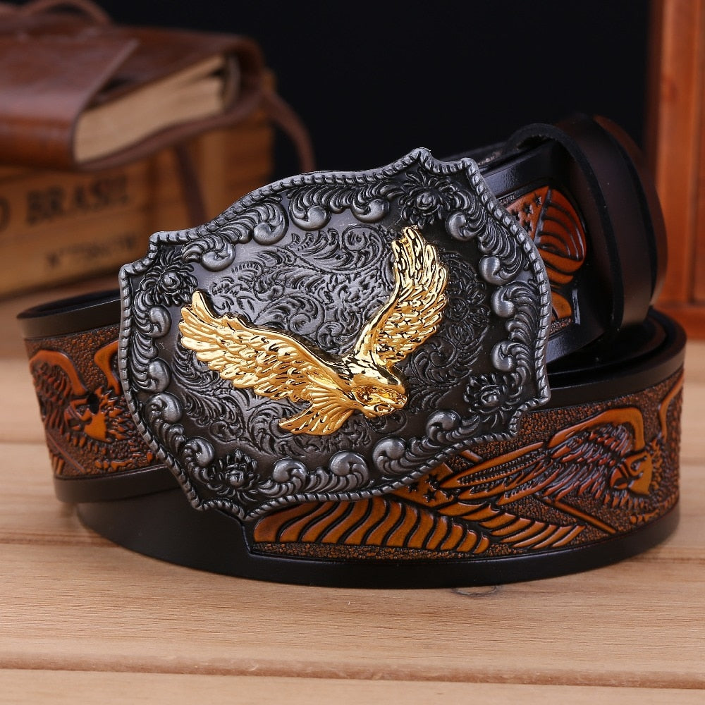 Golden Soaring Eagle Buckle Leather Belt