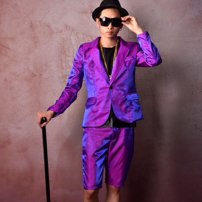 Shiny Bright Purple Men Slim Fit Suit Set Jacket with Short Pant - FanFreakz