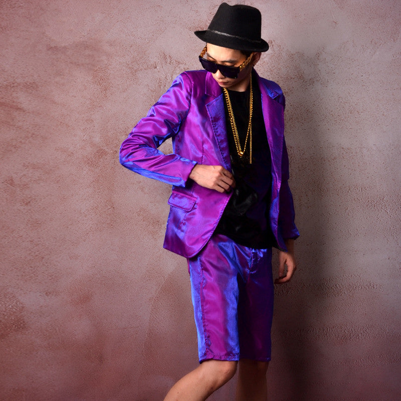 Shiny Bright Purple Men Slim Fit Suit Set Jacket with Short Pant - FanFreakz