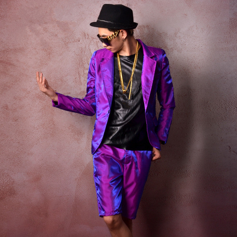 Shiny Bright Purple Men Slim Fit Suit Set Jacket with Short Pant - FanFreakz