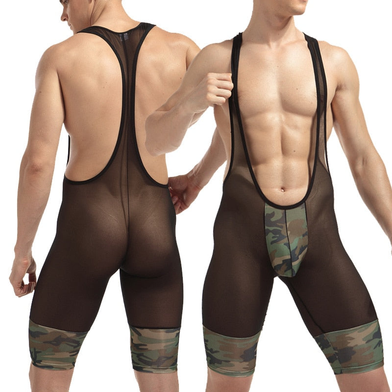 Camouflage See-Through Men Unitard