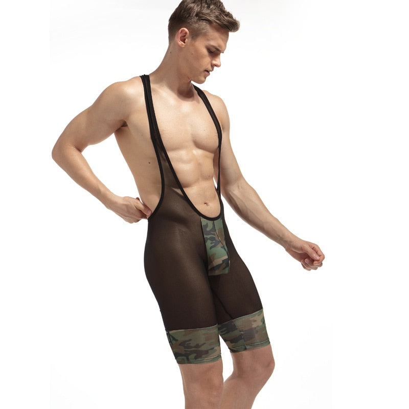 Camouflage See-Through Men Unitard