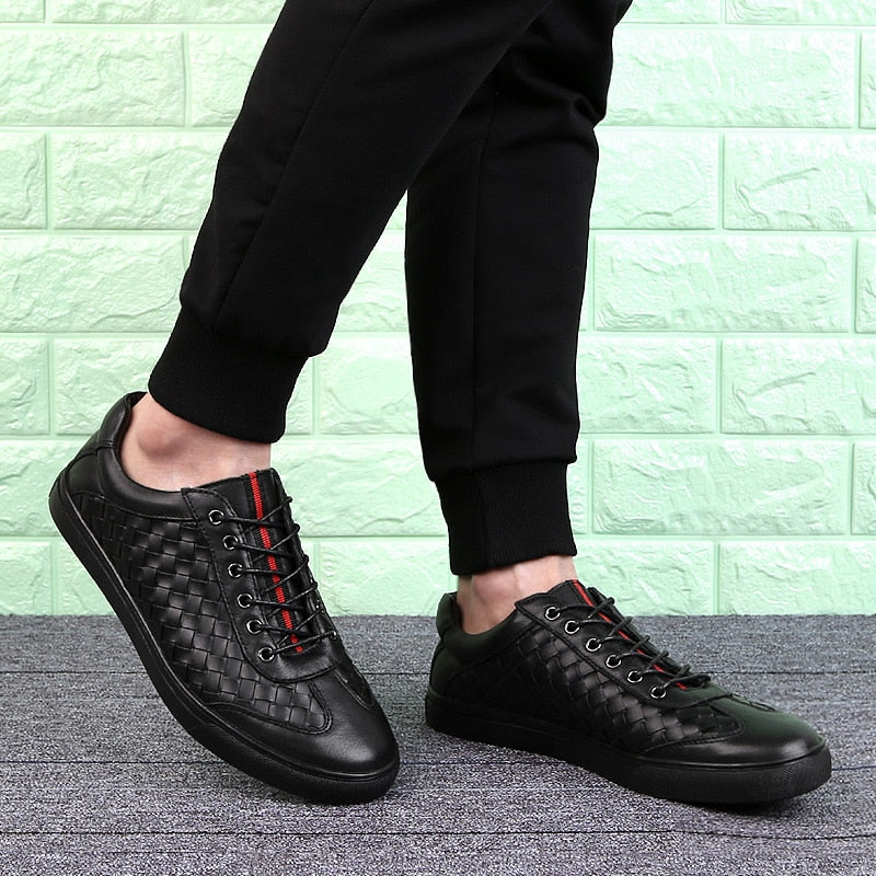 Black Woven Lace Up Flat Casual Men Sneaker