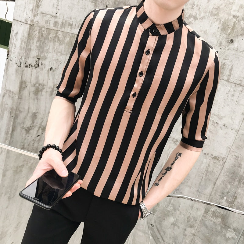 Mandarin Collar Stripes Middle Sleeves Style Men Shirts