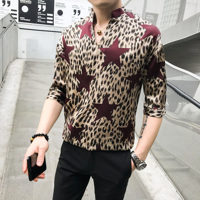 Stars Print Medium Sleeved Loose Fitting Pullover Style Men Shirts