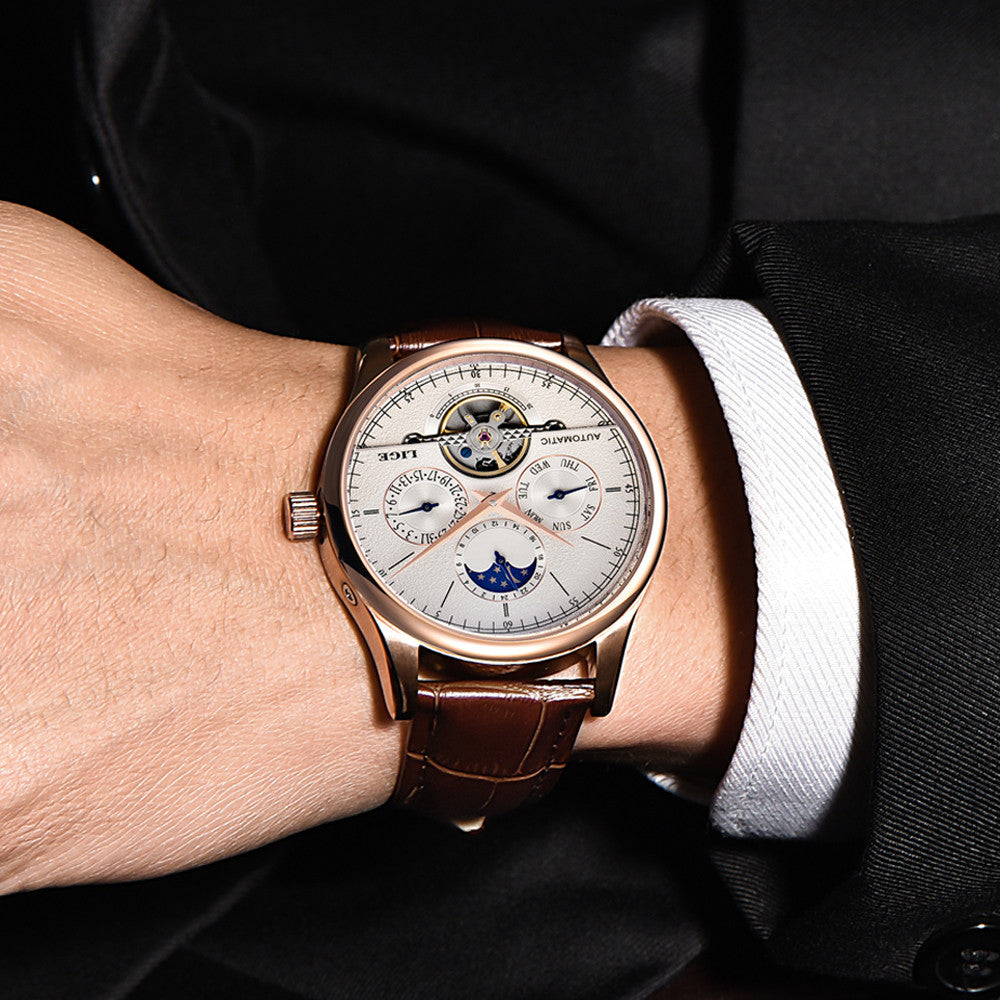 LIGE Luxury Moon Phase Automatic Tourbillon Watch - FanFreakz