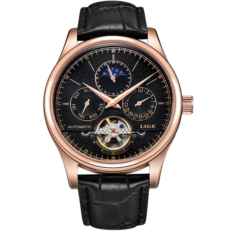 LIGE Luxury Moon Phase Automatic Tourbillon Watch - FanFreakz