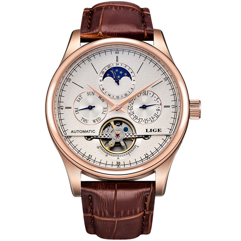 LIGE Luxury Moon Phase Automatic Tourbillon Watch - FanFreakz