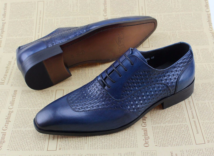 Men Blue Oxford Shoes on Woven Leather Patched Style - FanFreakz