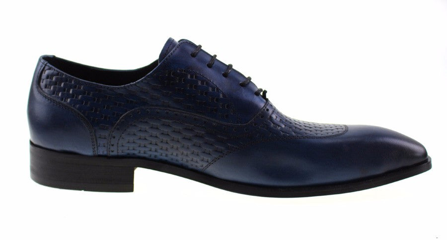 Men Blue Oxford Shoes on Woven Leather Patched Style - FanFreakz