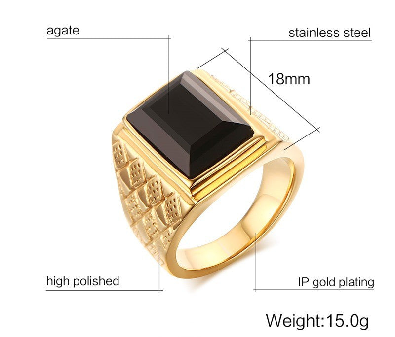 Men Black Stone Rings With Hood Details and Square Bezel - FanFreakz