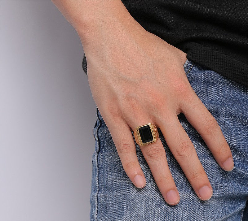 Men Black Stone Rings With Hood Details and Square Bezel - FanFreakz