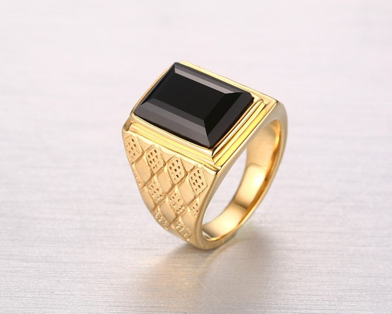 Men Black Stone Rings With Hood Details and Square Bezel - FanFreakz