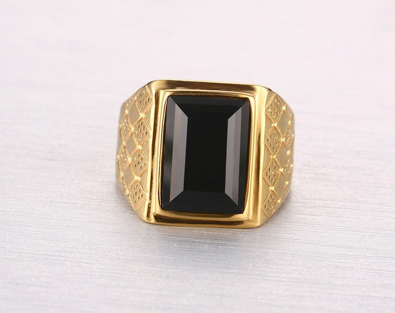 Men Black Stone Rings With Hood Details and Square Bezel - FanFreakz