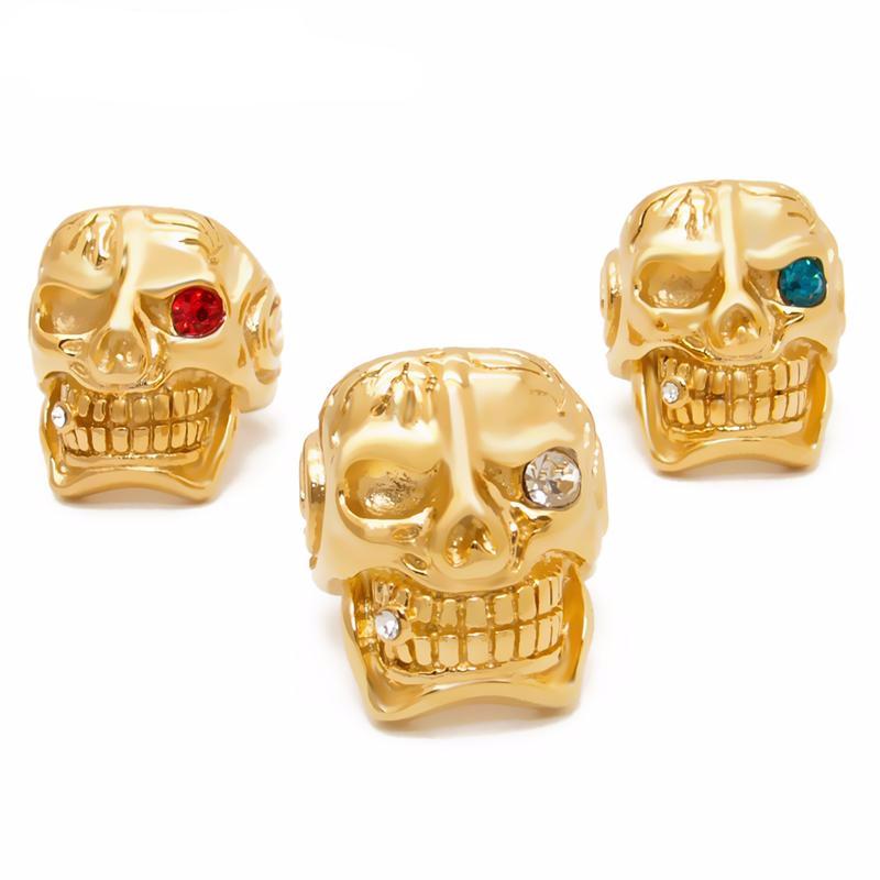 Gold Skull Cigar Blue/Red/White Stainless Steel Biker Men Rings - FanFreakz