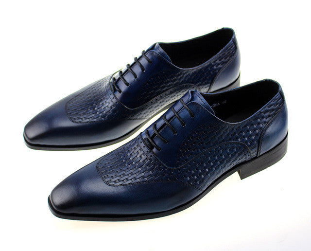 Men Blue Oxford Shoes on Woven Leather Patched Style - FanFreakz