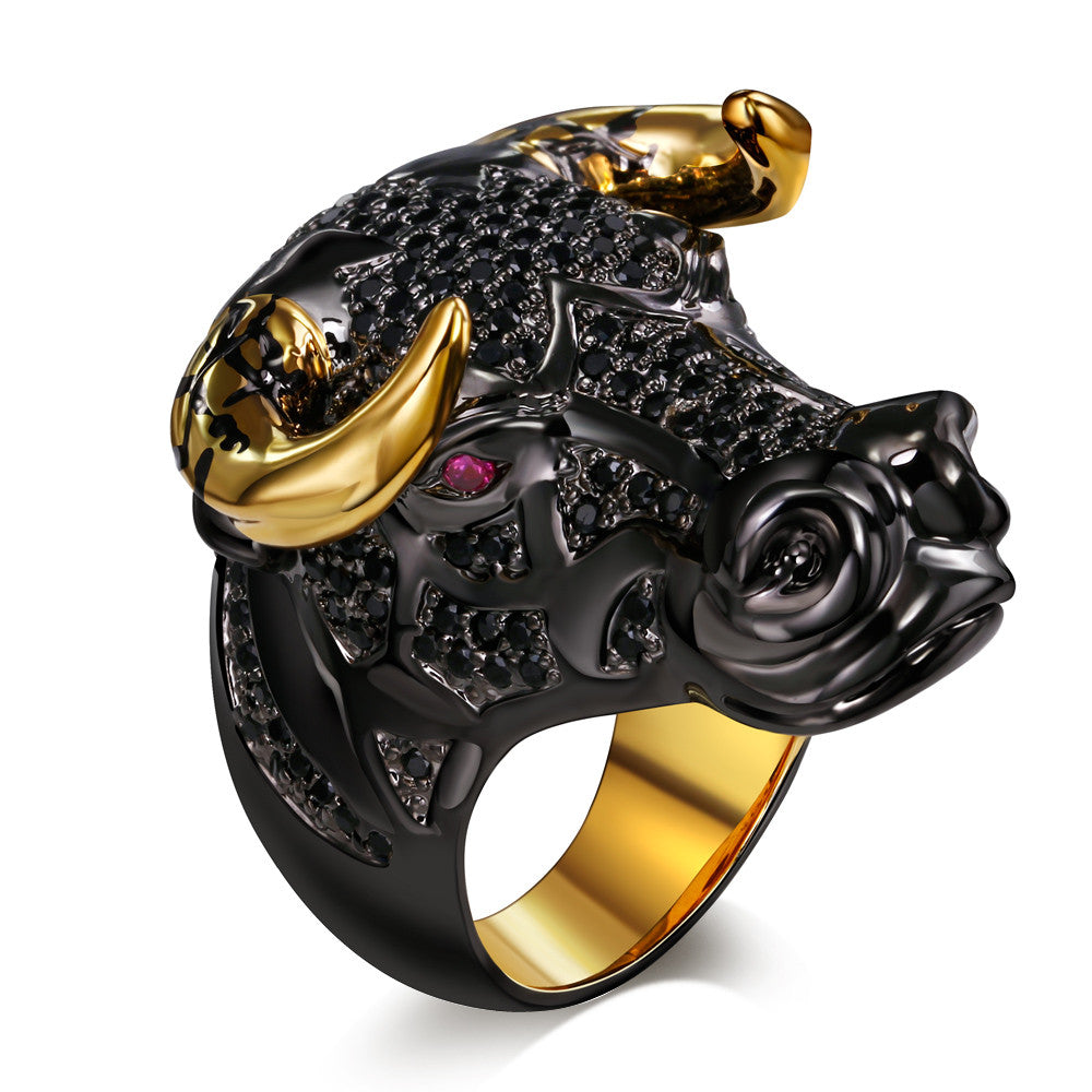 Lucky Bull Black Face Golden-Color Horns Punk Design Ring for Men - FanFreakz