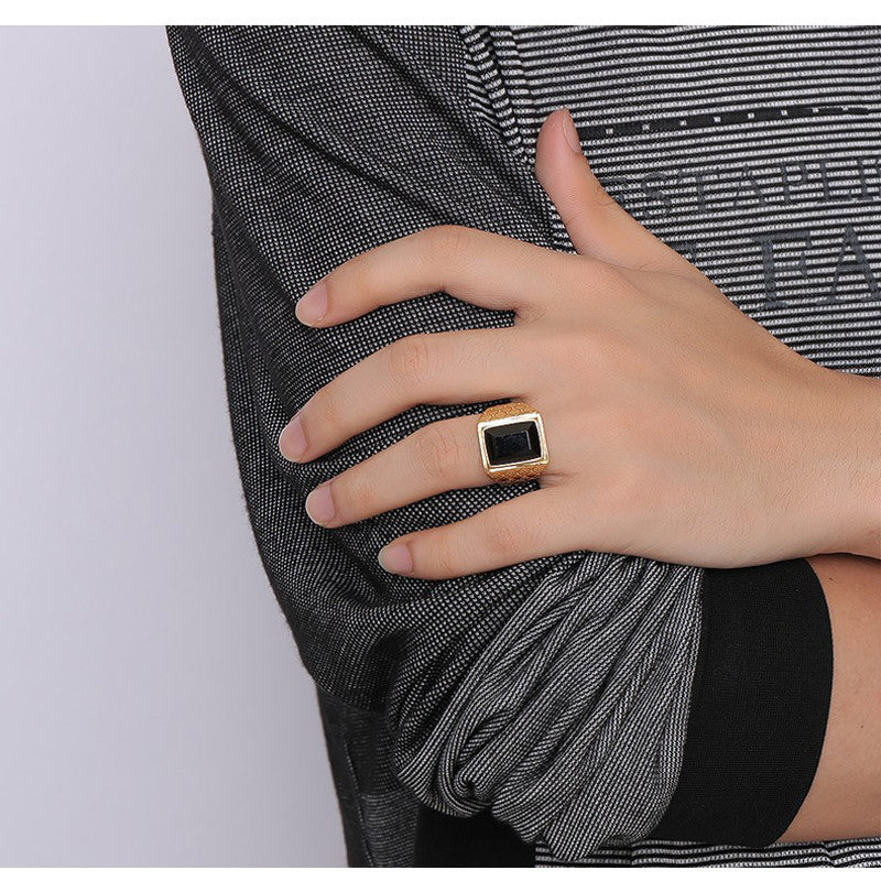 Men Black Stone Rings With Hood Details and Square Bezel - FanFreakz