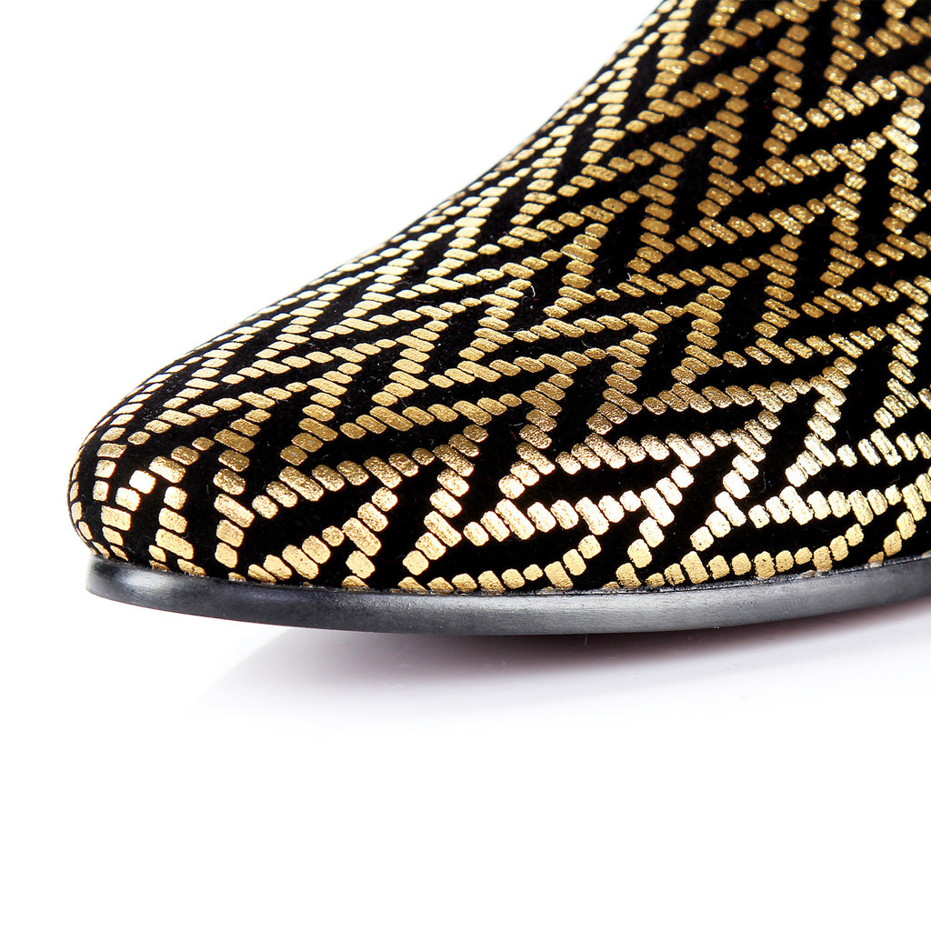 Gold Glitter Printed Men Flat Loafers Shoes - FanFreakz