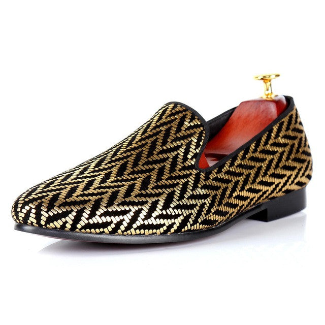 Gold Glitter Printed Men Flat Loafers Shoes - FanFreakz