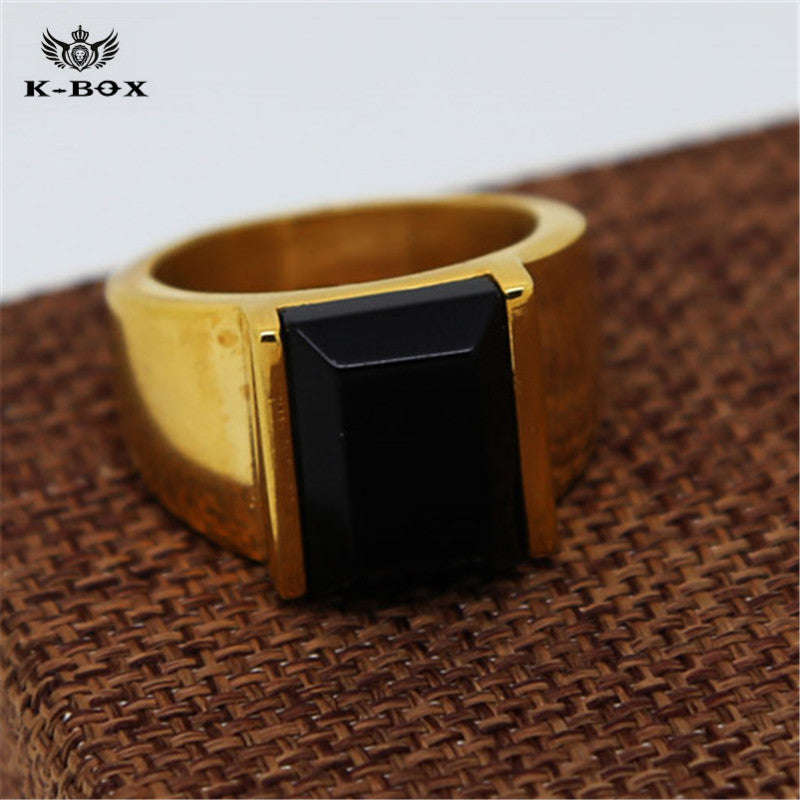 Black Square Agate Men's Gold Color Stainless Steel Ring - FanFreakz