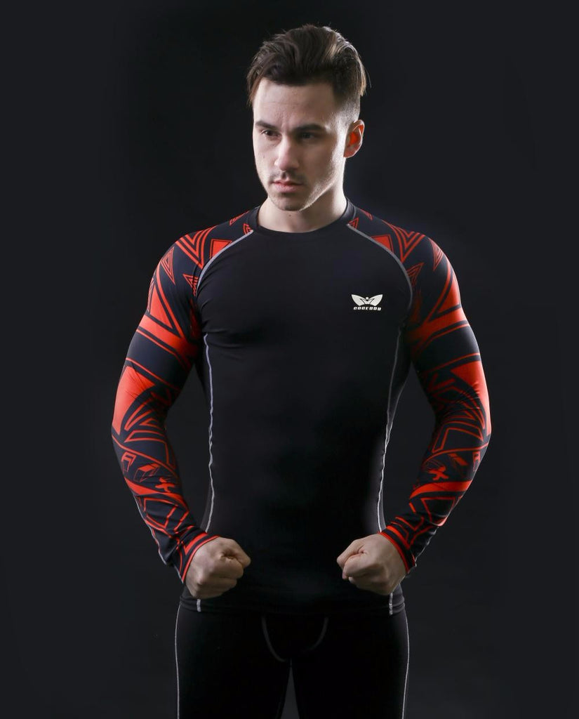 Red Tribal Muscle Men Compression Shirt Tight Skin Shirt Long Sleeves 3D Prints - FanFreakz