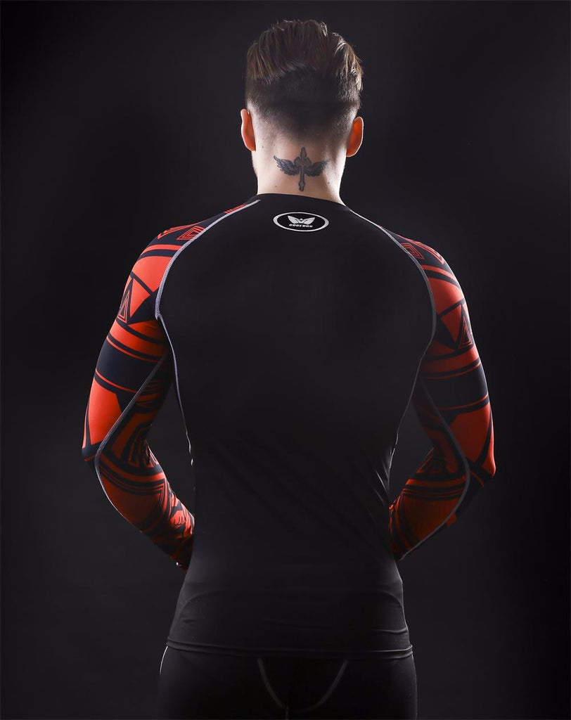 Red Tribal Muscle Men Compression Shirt Tight Skin Shirt Long Sleeves 3D Prints - FanFreakz