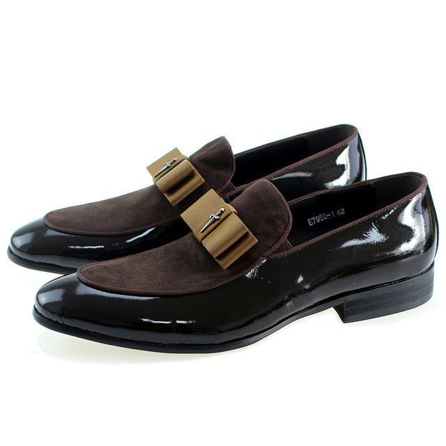 Patent Leather And Nubuck Leather Patchwork With Bow Tie Men Dress Shoes - FanFreakz