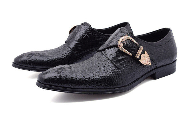 Vintage Buckle Monk Strap Style Croco Pattern Men Formal Shoes - FanFreakz