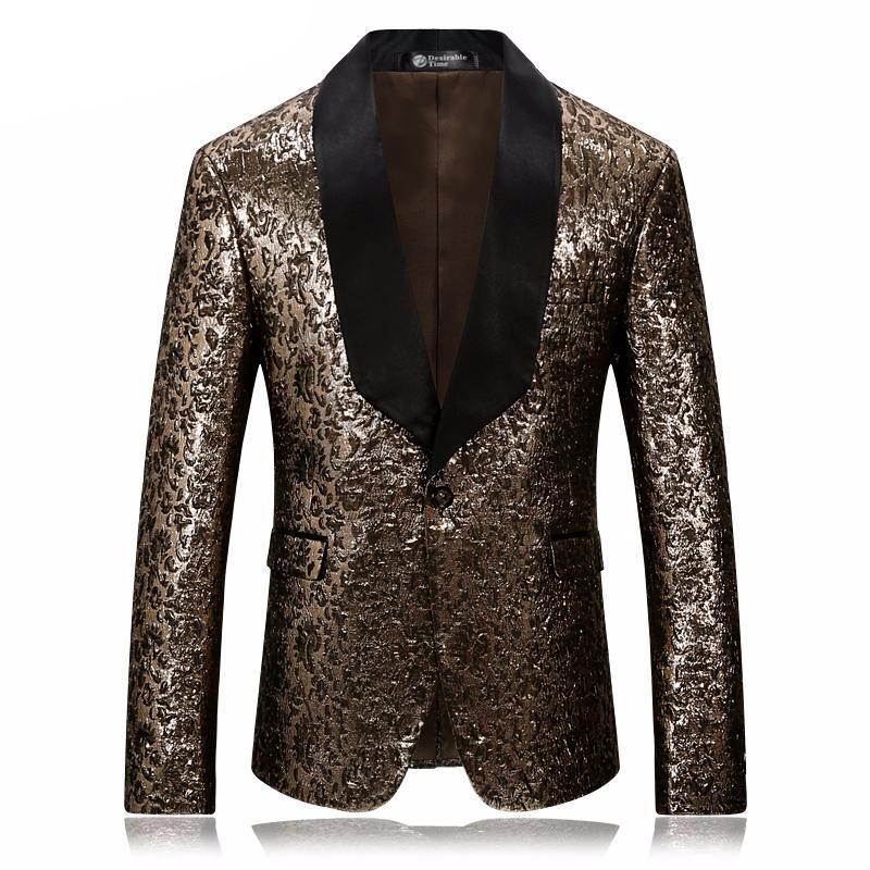 Gold Floral Fancy Shawl Collar Slim Fit Men Blazer - FanFreakz