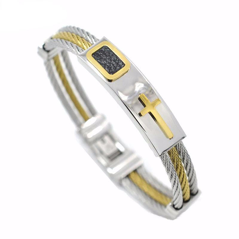 3 Rows Wire Cable Twist Christian Cross Bevel Embossed Men Bangle Bracelet - FanFreakz