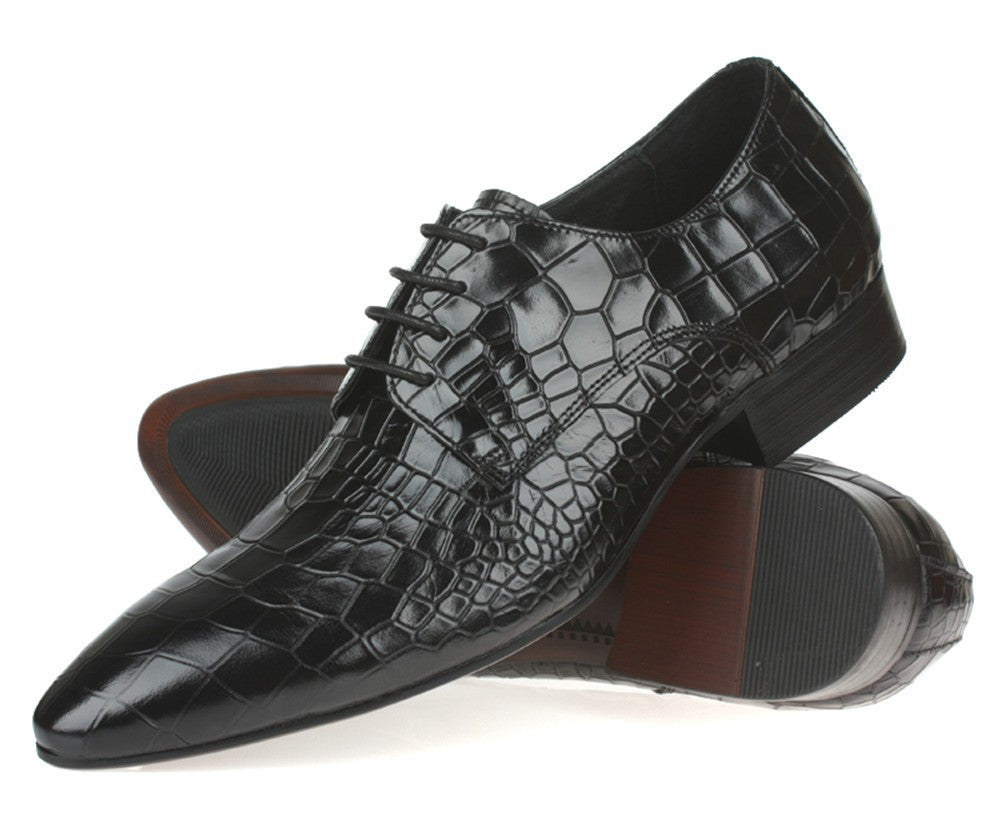 Pointed Toe Croco Embossed Pattern Men Derby Shoes - FanFreakz