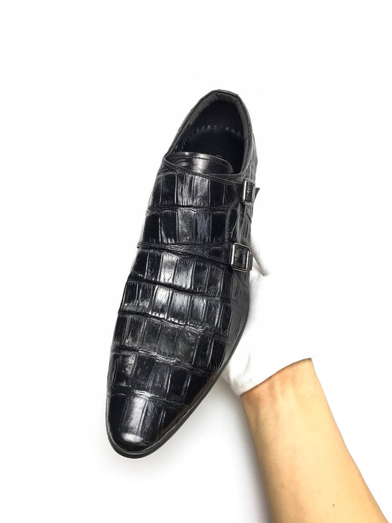 Exotic Pointed Toe Croco Pattern Double Monk Strap Men Shoes - FanFreakz