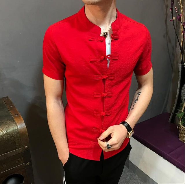 Kungfu Style Linen Men Short Sleeves Shirt with Chinese Button Knot Style - FanFreakz